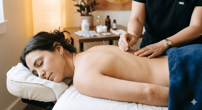 Close-up of a patient lying face down during an acupuncture session, with a practitioner’s hands gently placing needles into the upper back and spine area.